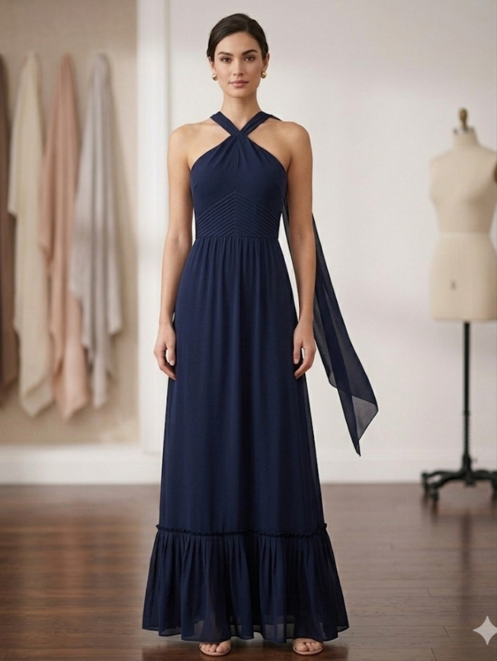 Tory Burch 100% Silk Eloriane Navy Halter Maxi Dress Ruffle Hem 10